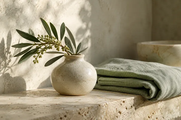 Detalle ilustrativo de elementos naturales y toallas para una experiencia de spa