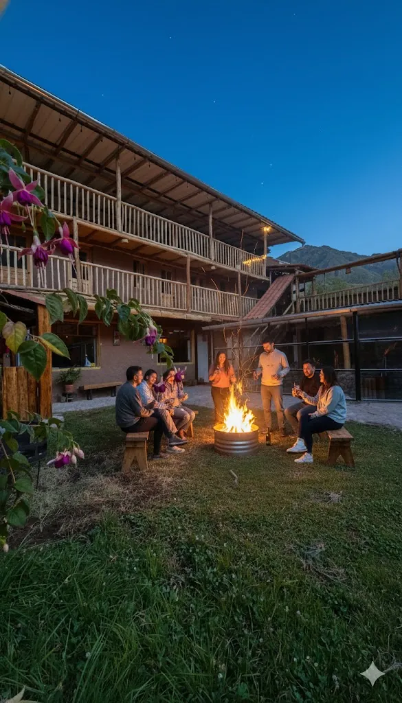 Guests around the fire pit in the gardens at Unu Samay