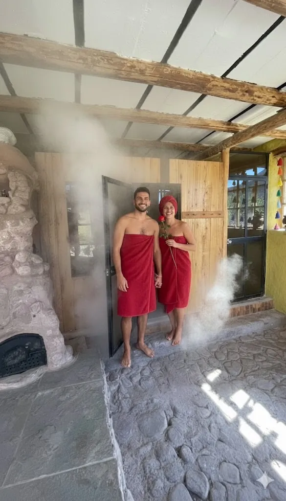 Couple by the steam sauna at Unu Samay